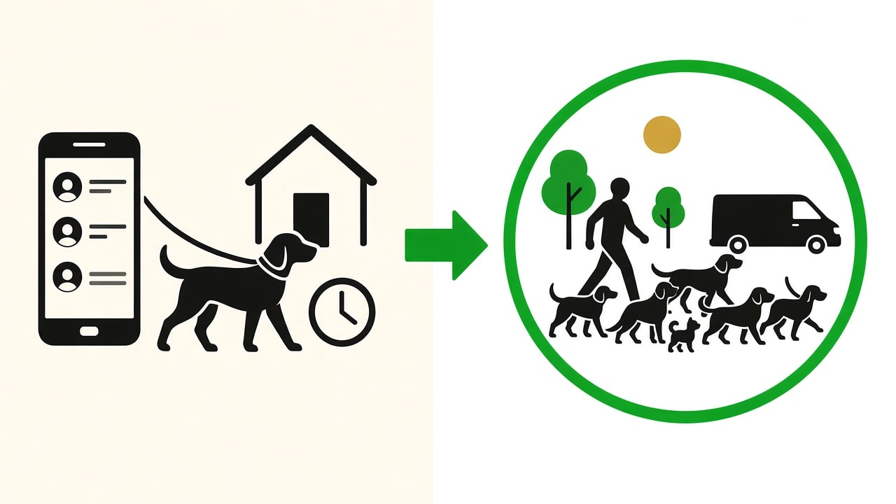 Illustratie in logo-stijl: links online platform en korte wandeling, rechts groepsdaguitstap in de natuur met hondenbus — One Happy Hound