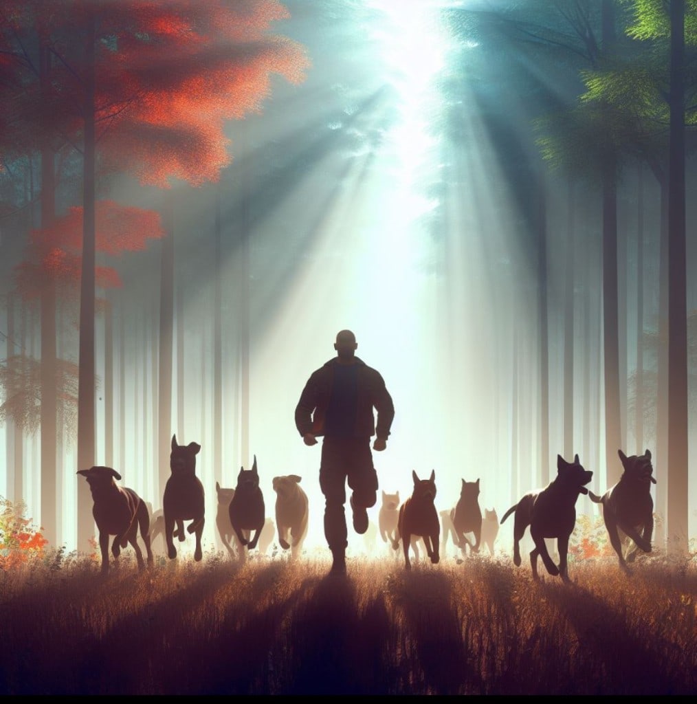 Uitlater met roedel honden in het bos — avontuurlijke groepsuitstap Vlaanderen
